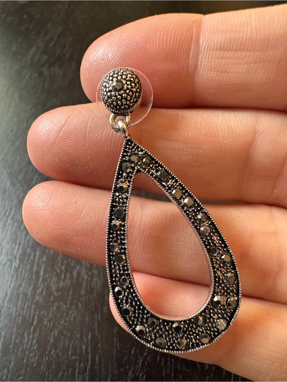 Silver-Tone Black Marcasite Teardrop Drop Earring - Women Jewelry
